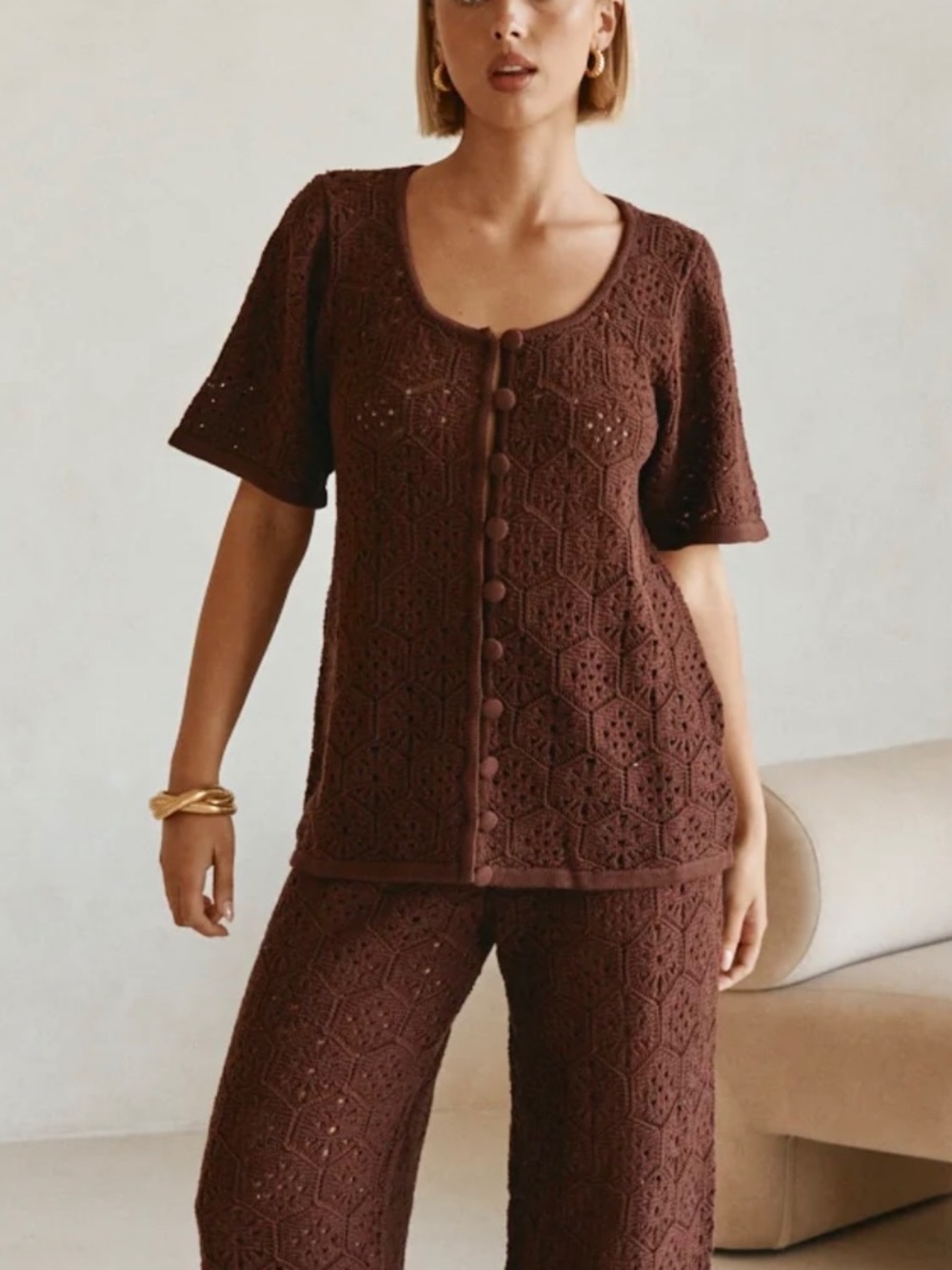 SABO Crochet knit Button Brown Umiko Top L-XL Cotton - Picture 12 of 12